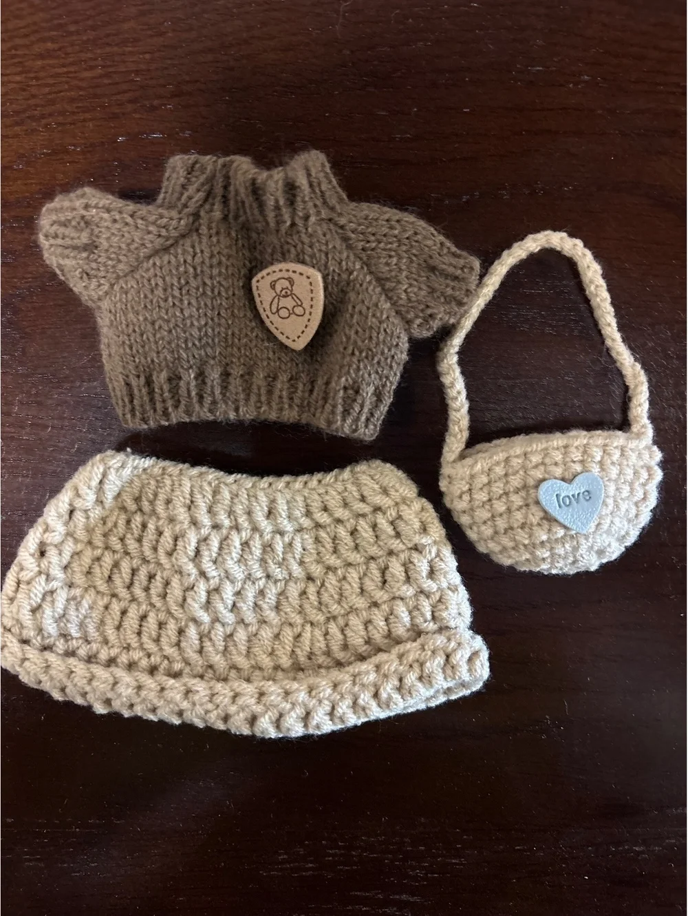 Labubu Doll Clothes Brown Knit Sweater Beige Skirt Purse Set Outfit 15cm New